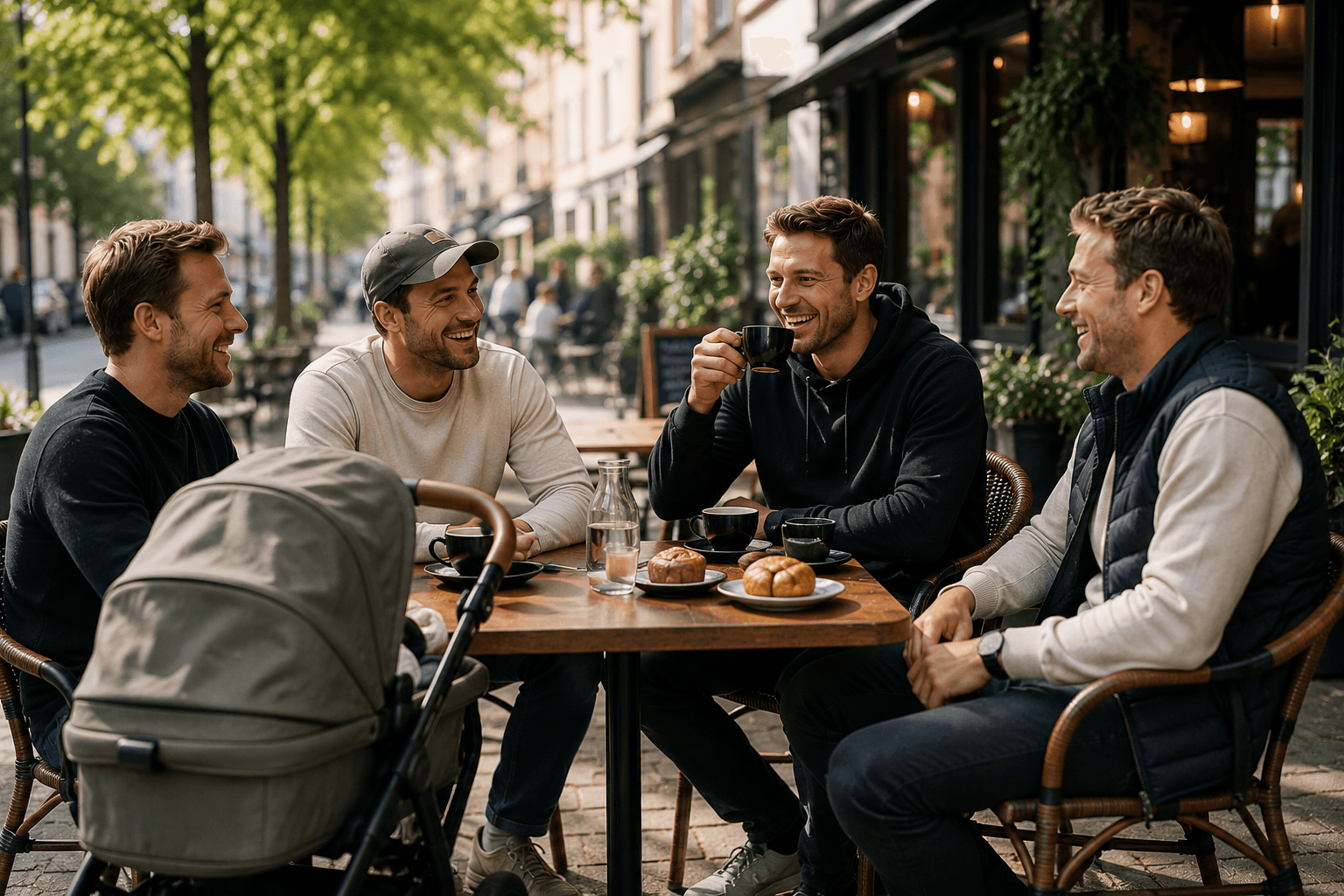 Four dads talking over coffee at an outdoor café with a pram nearby.