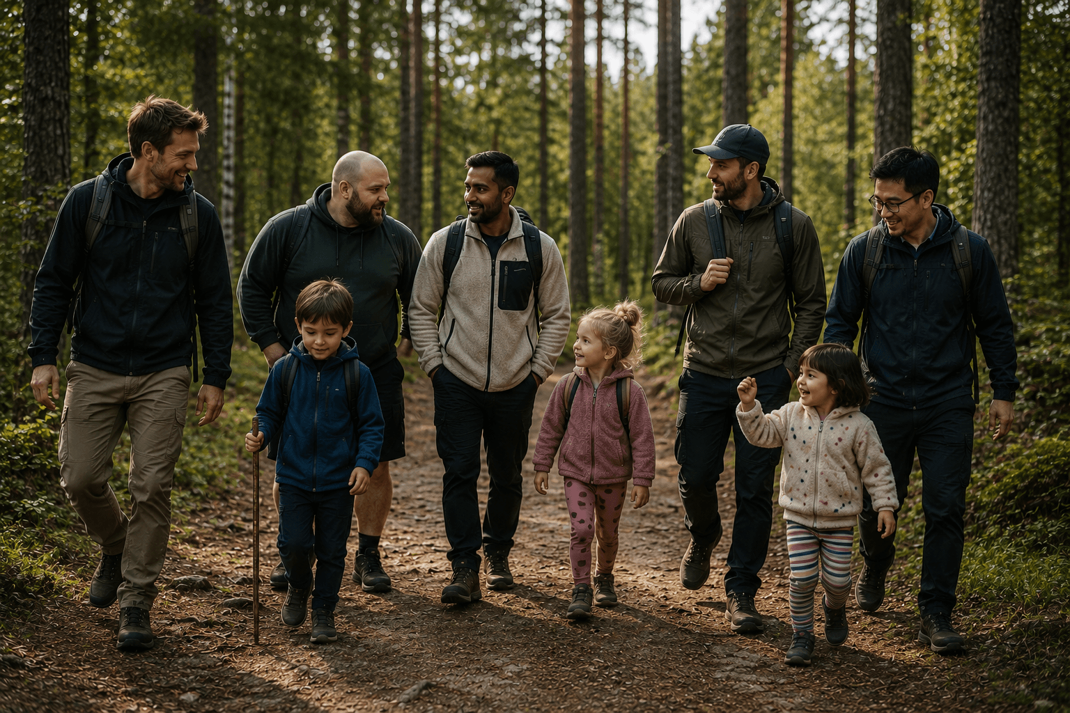 Five dads and three children walking together on a woodland trail.