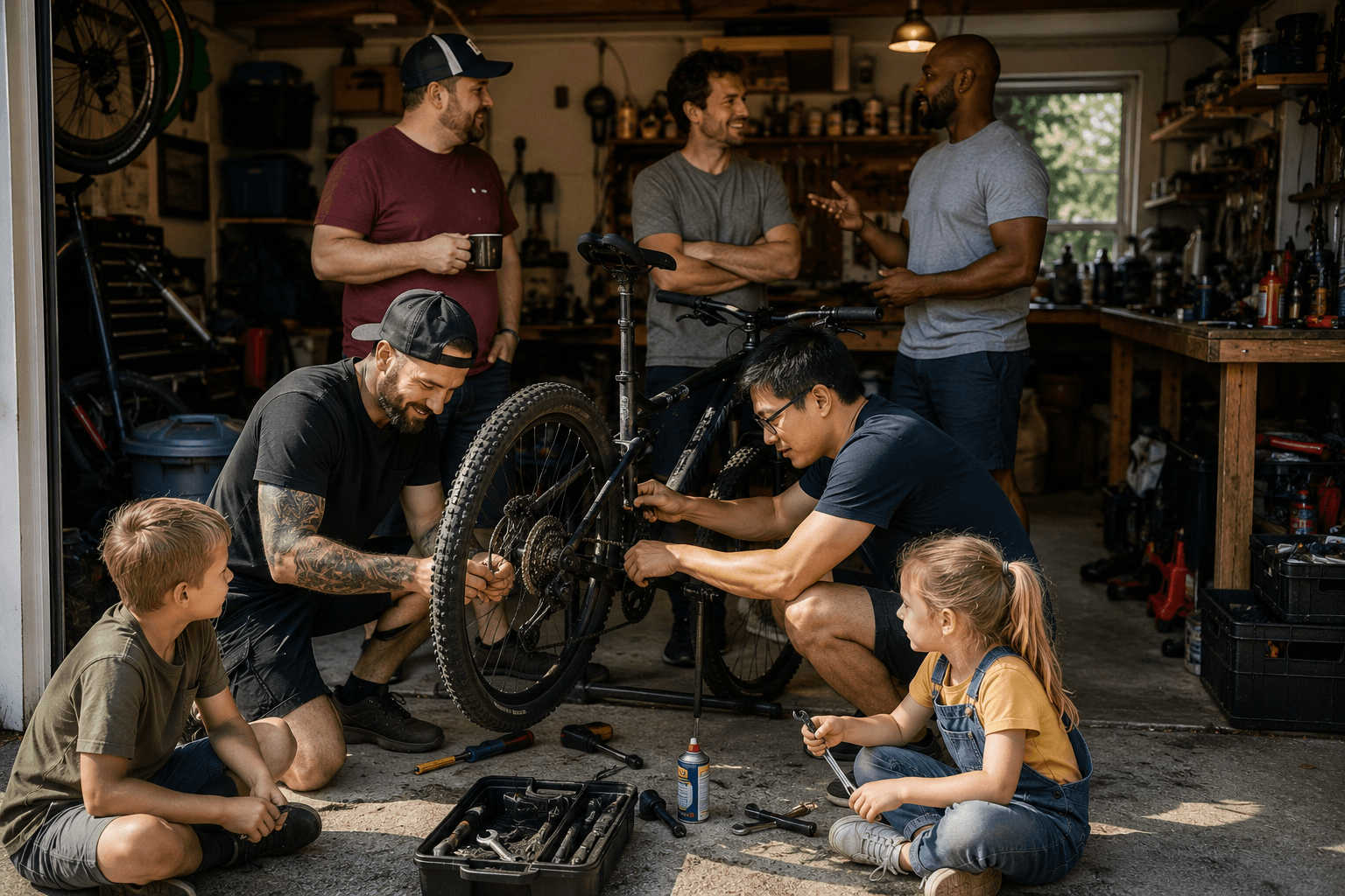 A group of dads and children repairing a bicycle together in a garage.